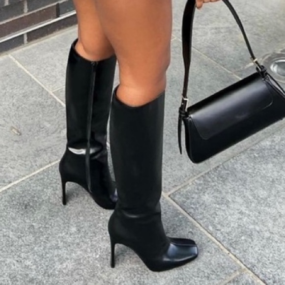 Zara NWOT Black square toe knee high boots premium faux leather heeled boots - Picture 14 of 15